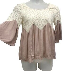 •- Entro Boho Crochet Lace Flowy Blouse Opn Back Pink Ivory A33